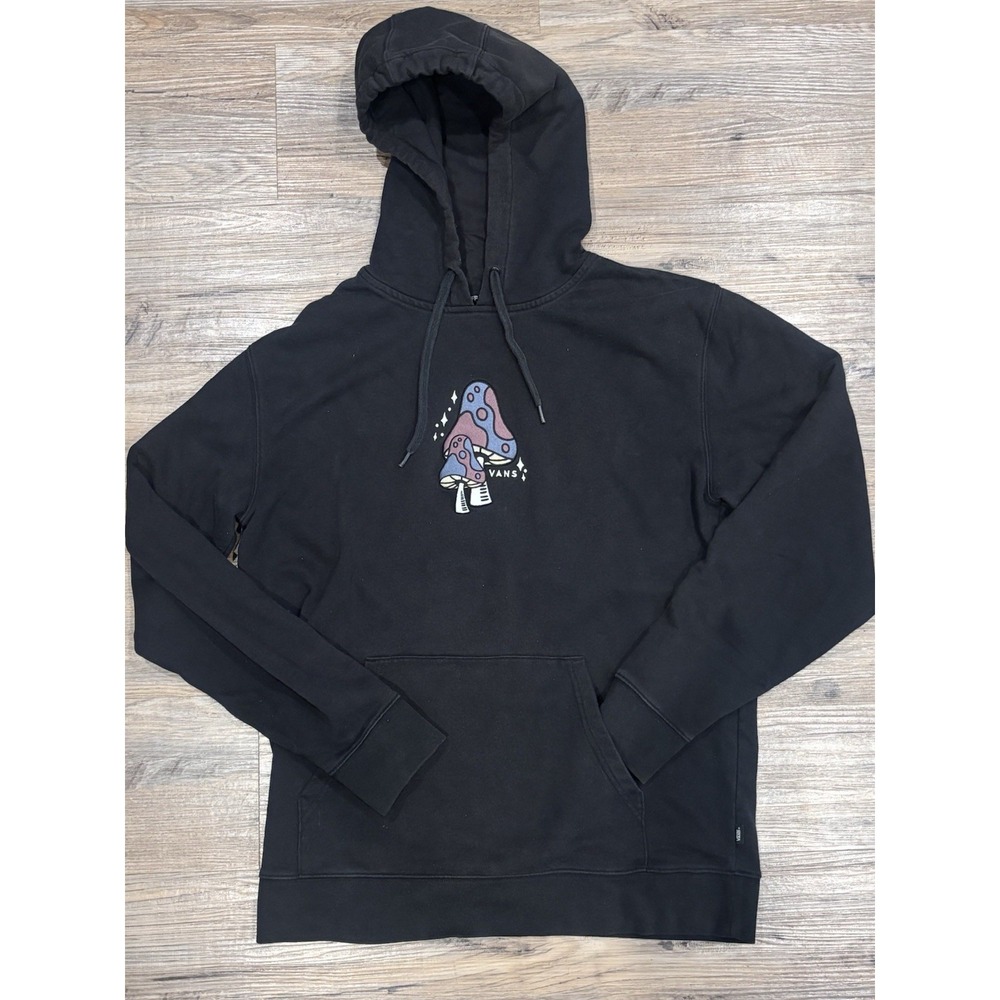 Vans Men Hoodie Black Graphic Fleece Mushrooms Embroidered Skate Pullover Sz Lrg